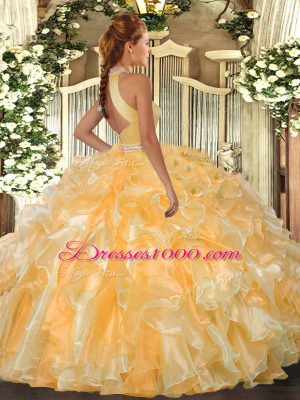 New Arrival Organza Sleeveless Floor Length Quince Ball Gowns and Beading and Ruffles