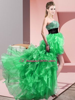 Great Green Sleeveless High Low Beading and Ruffles Lace Up Prom Dresses