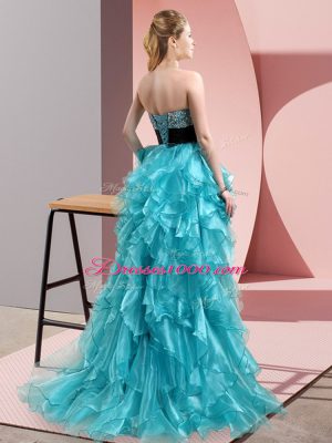 Great Green Sleeveless High Low Beading and Ruffles Lace Up Prom Dresses