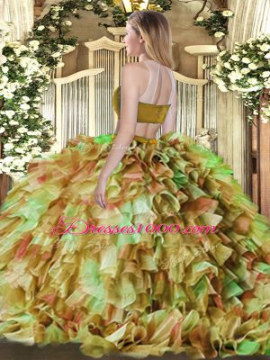 Comfortable Two Pieces Quinceanera Gown Olive Green High-neck Tulle Sleeveless Floor Length Backless