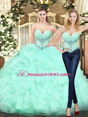 Apple Green Ball Gowns Organza Sweetheart Sleeveless Beading and Ruffles Floor Length Lace Up Quince Ball Gowns