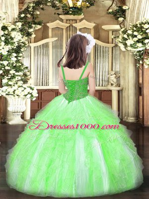 Perfect Apple Green Organza Lace Up Straps Sleeveless Floor Length Pageant Dress for Teens Beading and Ruffles