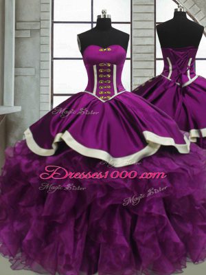 Floor Length Purple Vestidos de Quinceanera Satin and Organza Sleeveless Beading and Ruffles