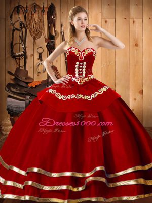 Customized Sweetheart Sleeveless 15 Quinceanera Dress Floor Length Embroidery Wine Red Organza