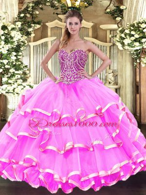 Best Sleeveless Organza Floor Length Lace Up Sweet 16 Quinceanera Dress in Rose Pink with Beading and Ruffled Layers