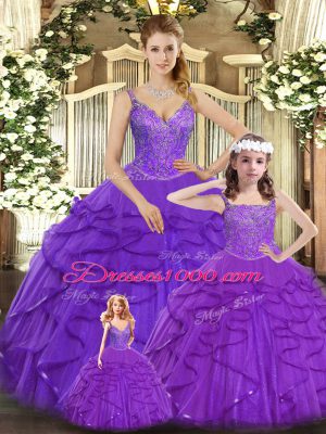 Amazing Ball Gowns Quince Ball Gowns Purple Straps Organza Sleeveless Floor Length Lace Up