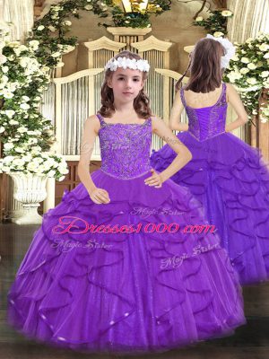 Amazing Ball Gowns Quince Ball Gowns Purple Straps Organza Sleeveless Floor Length Lace Up