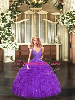 Amazing Ball Gowns Quince Ball Gowns Purple Straps Organza Sleeveless Floor Length Lace Up