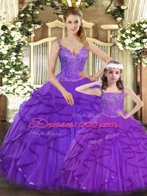 Amazing Ball Gowns Quince Ball Gowns Purple Straps Organza Sleeveless Floor Length Lace Up