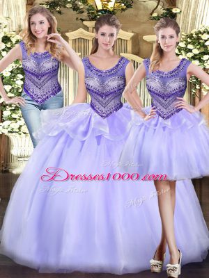 Lavender Tulle Lace Up Scoop Sleeveless Floor Length Sweet 16 Dresses Beading and Ruffles