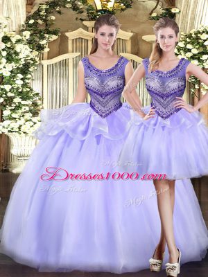 Lavender Tulle Lace Up Scoop Sleeveless Floor Length Sweet 16 Dresses Beading and Ruffles