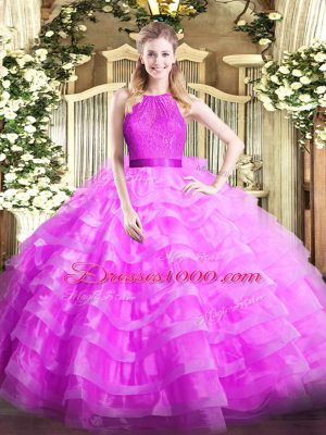 Lilac Ball Gowns Scoop Sleeveless Organza Floor Length Zipper Ruffled Layers Vestidos de Quinceanera