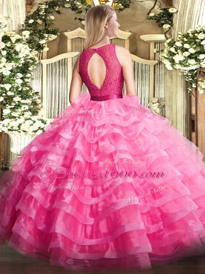 Lilac Ball Gowns Scoop Sleeveless Organza Floor Length Zipper Ruffled Layers Vestidos de Quinceanera