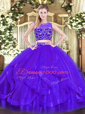 Purple Zipper 15 Quinceanera Dress Beading and Ruffles Sleeveless Floor Length