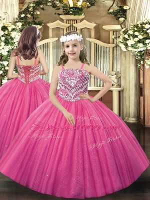 Fine Beading Quinceanera Gown Hot Pink Lace Up Sleeveless Floor Length