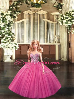 Fine Beading Quinceanera Gown Hot Pink Lace Up Sleeveless Floor Length