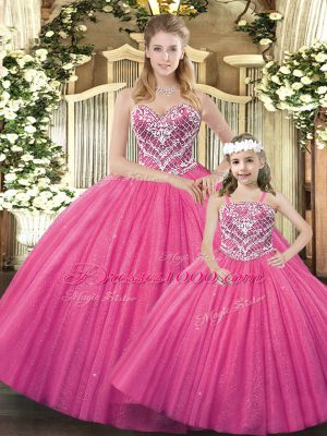 Fine Beading Quinceanera Gown Hot Pink Lace Up Sleeveless Floor Length