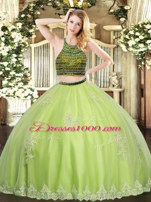 Enchanting Halter Top Sleeveless Zipper Vestidos de Quinceanera Yellow Green Tulle