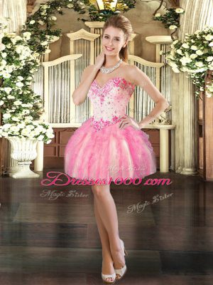 Hot Sale Sleeveless Tulle Mini Length Lace Up Prom Party Dress in Pink with Beading and Ruffles