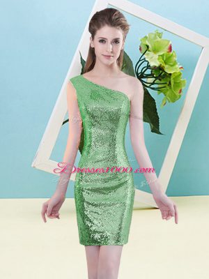 Green Sequined Zipper One Shoulder Sleeveless Mini Length Evening Dress Sequins