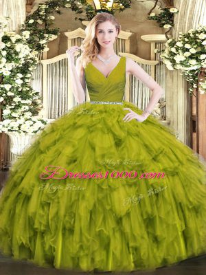 Olive Green Sweet 16 Dresses Military Ball and Sweet 16 and Quinceanera with Beading and Ruffles V-neck Sleeveless Zipper