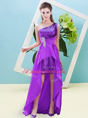 Unique One Shoulder Sleeveless Lace Up Prom Dresses Eggplant Purple Elastic Woven Satin and Sequined