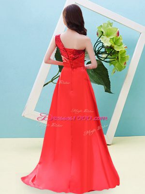 Unique One Shoulder Sleeveless Lace Up Prom Dresses Eggplant Purple Elastic Woven Satin and Sequined