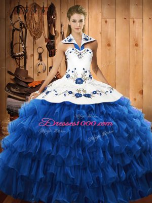 Nice Blue Quince Ball Gowns Military Ball and Sweet 16 and Quinceanera with Embroidery and Ruffled Layers Halter Top Sleeveless Lace Up