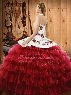 Nice Blue Quince Ball Gowns Military Ball and Sweet 16 and Quinceanera with Embroidery and Ruffled Layers Halter Top Sleeveless Lace Up