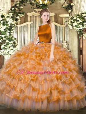 Orange Red Ball Gowns Organza Scoop Sleeveless Ruffled Layers Floor Length Clasp Handle Ball Gown Prom Dress
