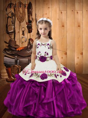 Latest Sleeveless Organza Floor Length Lace Up Casual Dresses in Fuchsia with Embroidery and Ruffles