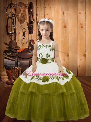 Olive Green Ball Gowns Straps Sleeveless Organza Floor Length Lace Up Embroidery and Ruffled Layers Womens Party Dresses