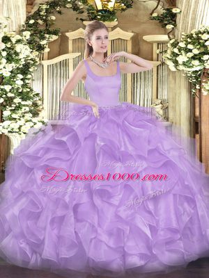 Charming Floor Length Zipper Ball Gown Prom Dress Lavender for Military Ball and Sweet 16 and Quinceanera with Beading and Ruffles