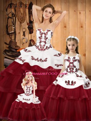 Wine Red Ball Gowns Organza Strapless Sleeveless Embroidery Lace Up Quince Ball Gowns Sweep Train