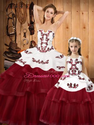 Wine Red Ball Gowns Organza Strapless Sleeveless Embroidery Lace Up Quince Ball Gowns Sweep Train