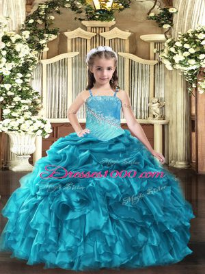 Sleeveless Floor Length Embroidery and Ruffles Lace Up Little Girl Pageant Dress with Teal