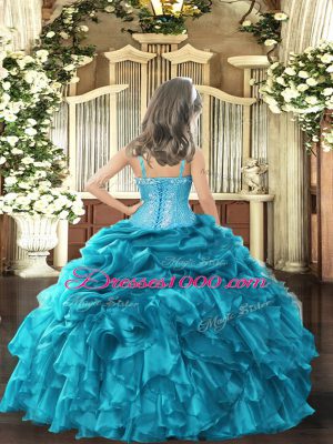 Sleeveless Floor Length Embroidery and Ruffles Lace Up Little Girl Pageant Dress with Teal