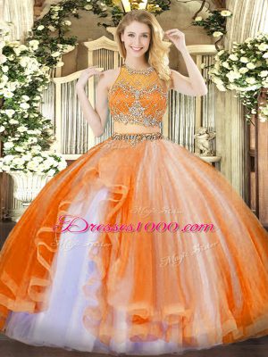 Orange Red Scoop Zipper Beading and Ruffles Quinceanera Gown Sleeveless