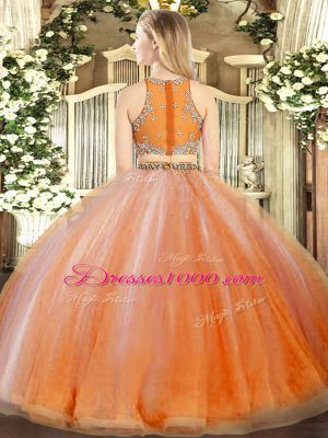 Orange Red Scoop Zipper Beading and Ruffles Quinceanera Gown Sleeveless