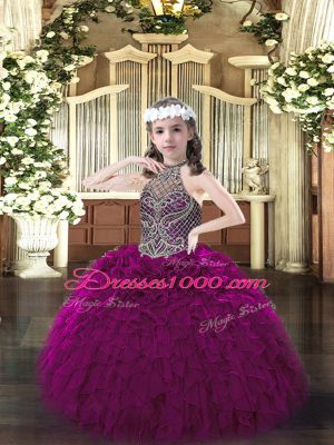 Halter Top Sleeveless Lace Up Pageant Gowns For Girls Fuchsia Organza