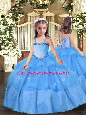 Sleeveless Organza Floor Length Lace Up Kids Formal Wear in Baby Blue with Appliques