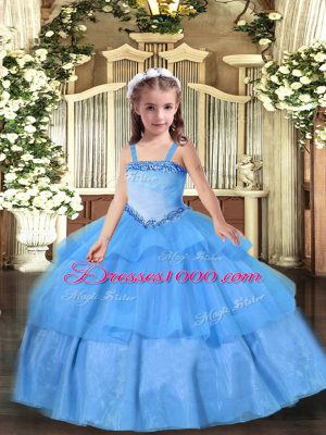 Sleeveless Organza Floor Length Lace Up Kids Formal Wear in Baby Blue with Appliques