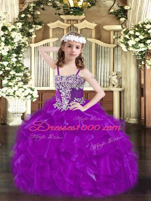 Purple Straps Lace Up Beading and Ruffles Little Girl Pageant Gowns Sleeveless