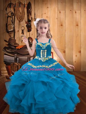 Elegant Blue Lace Up Straps Embroidery and Ruffles Little Girls Pageant Dress Organza Sleeveless