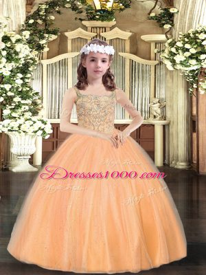 Beauteous Floor Length Ball Gowns Sleeveless Orange Girls Pageant Dresses Lace Up