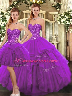 Smart Purple Lace Up Sweetheart Ruffles Quince Ball Gowns Organza Sleeveless