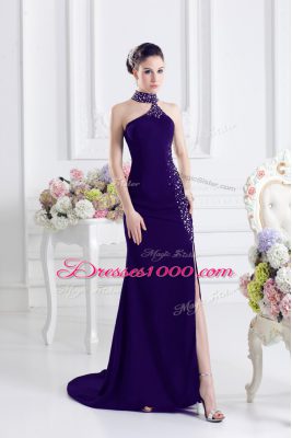Purple Column/Sheath Halter Top Sleeveless Elastic Woven Satin Sweep Train Lace Up Beading Prom Dresses