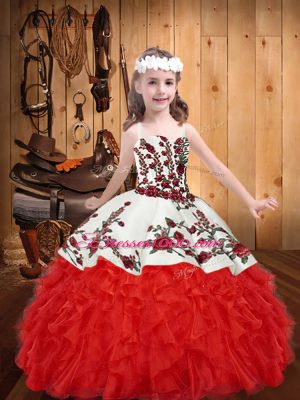 Super Red Ball Gowns Organza Straps Sleeveless Embroidery and Ruffles Floor Length Lace Up Juniors Party Dress