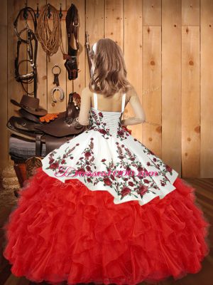 Super Red Ball Gowns Organza Straps Sleeveless Embroidery and Ruffles Floor Length Lace Up Juniors Party Dress