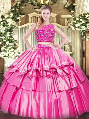 Charming Rose Pink Scoop Neckline Beading and Ruffled Layers Quinceanera Gown Sleeveless Zipper